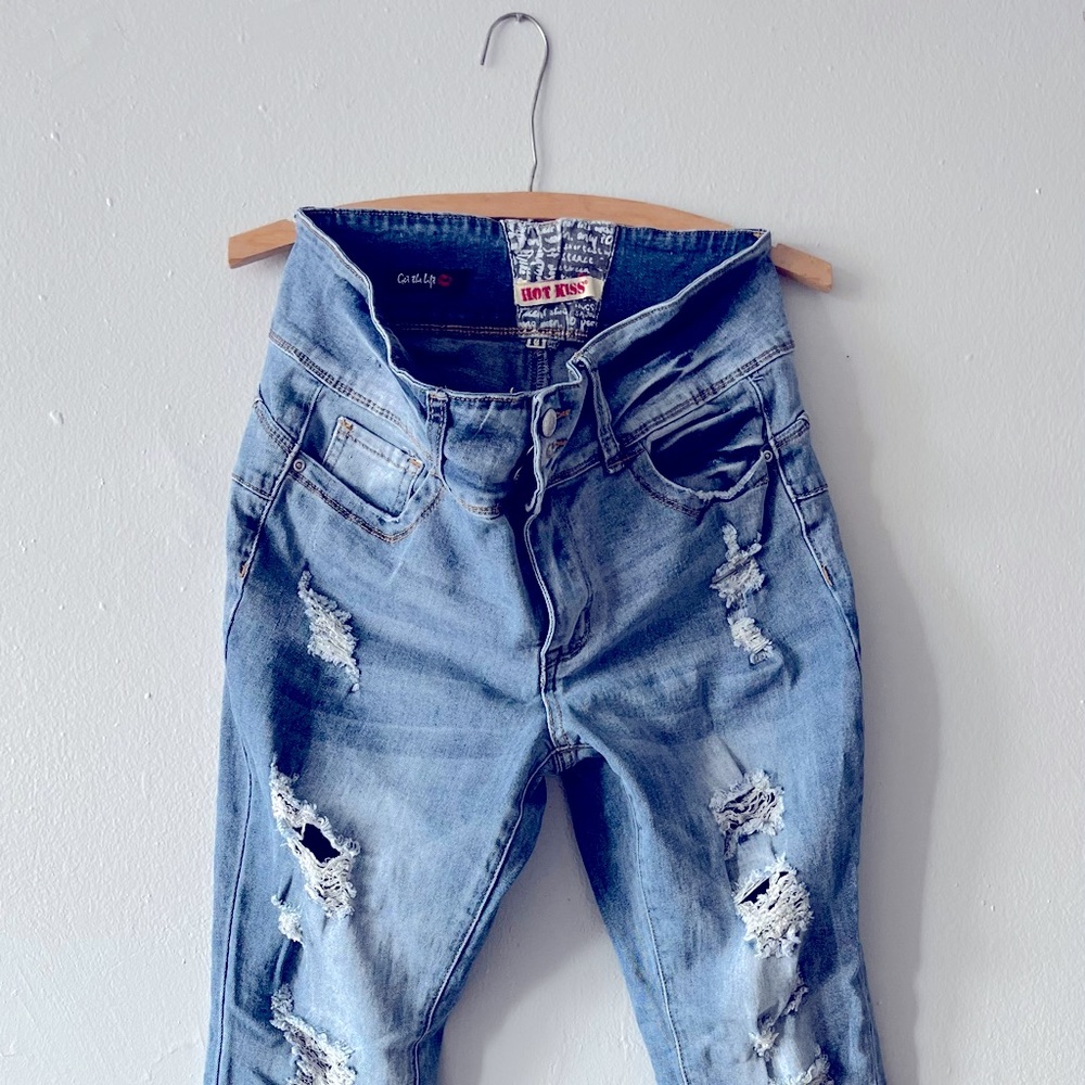 Hot Kiss Vintage Distressed Plus Size Mid Rise Skinny Jeans - Light Wash
